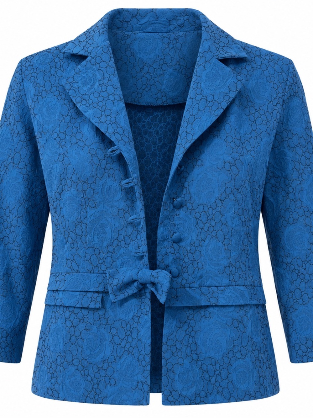 Womens Blue Floral Jacquard Tie-Front Jacket Office Career Business Networking